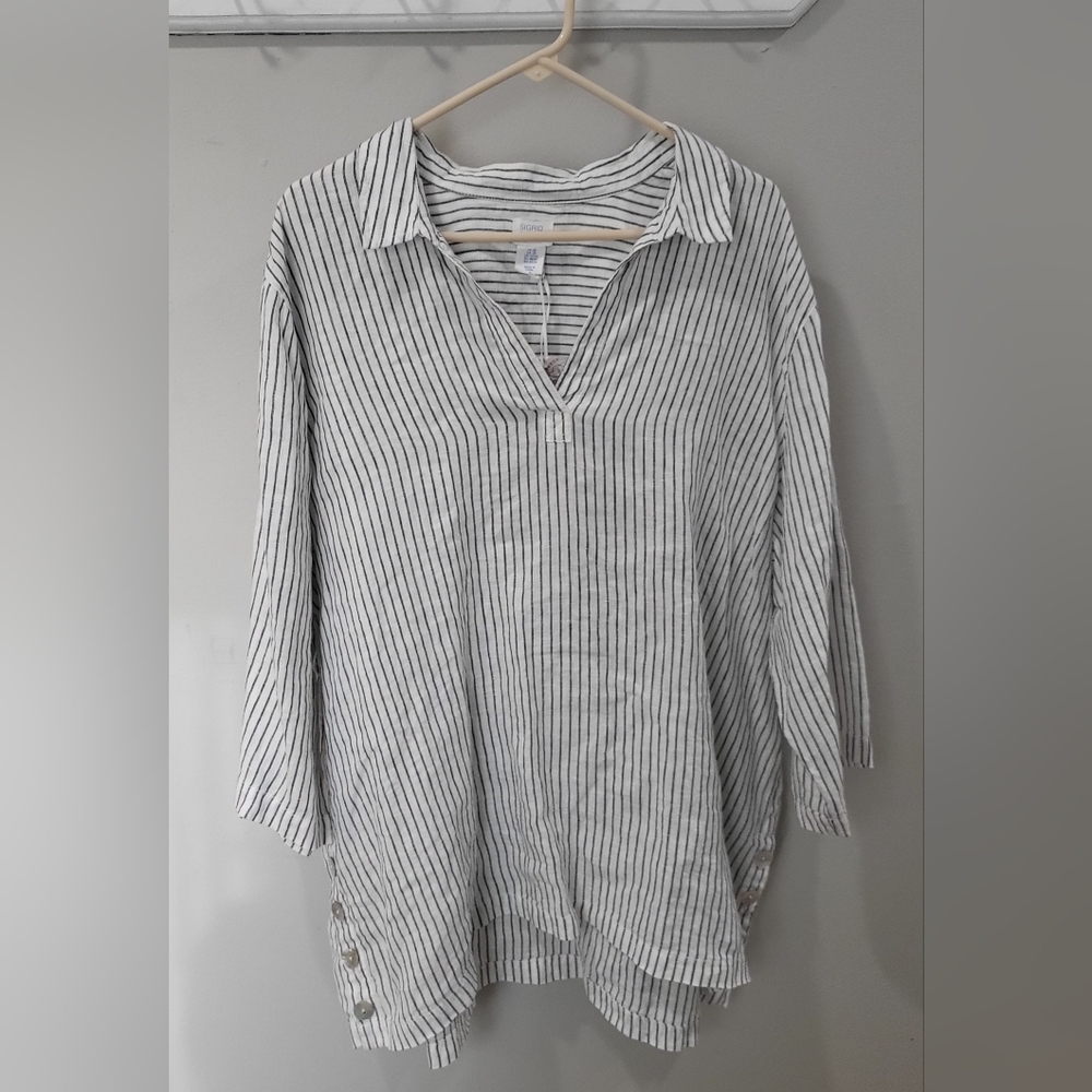 Sigrid Olsen NWT Women's Linen Tunic White Blue Pinstripe V-neck Collared 2XL